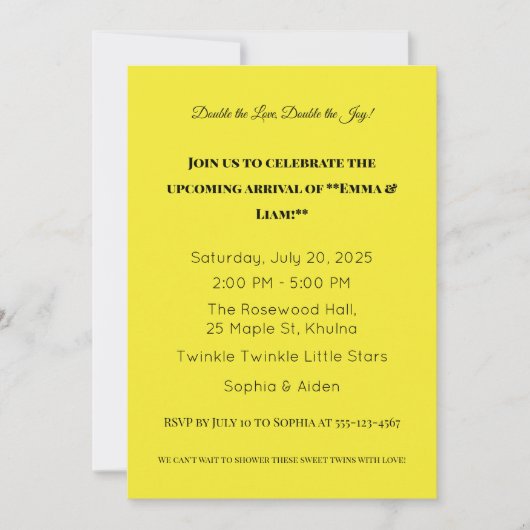 愛らしいツインベビーシャワー招待状 招待状 (正面)