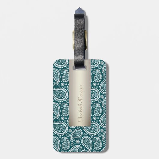 愛らしいティール（緑がかった色）ブルーとホワイトペイズリーパーソナライズされた- ラゲッジタグ (裏面縦)
