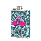 愛らしいティール（緑がかった色）ブルーとホワイトペイズリー – フラミンゴ フラスク (左)