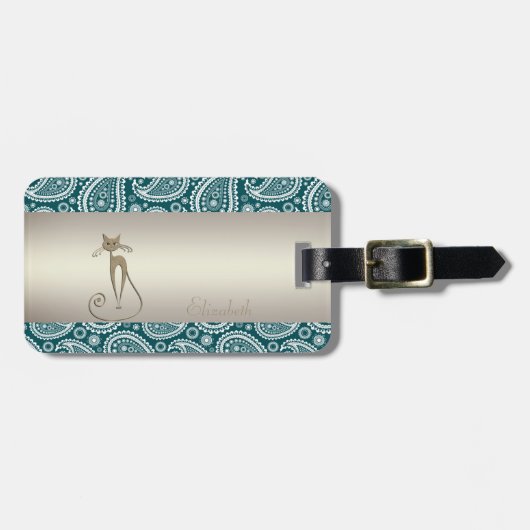 愛らしいティール（緑がかった色）ブルー，ホワイトペイズリー，ネコパーソナライズされた- ラゲッジタグ (正面横)