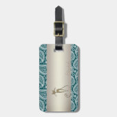 愛らしいティール（緑がかった色）ブルー，ホワイトペイズリー，ネコパーソナライズされた- ラゲッジタグ (正面縦)