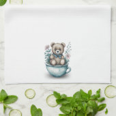 愛らしいテディベアお茶わんの花 キッチンタオル (折り畳み)