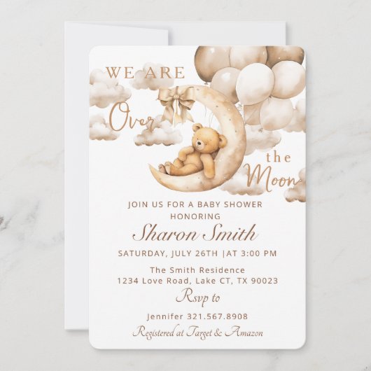 愛らしいテディベアが月の赤ちゃんシャワーを浴びる 招待状 (正面)