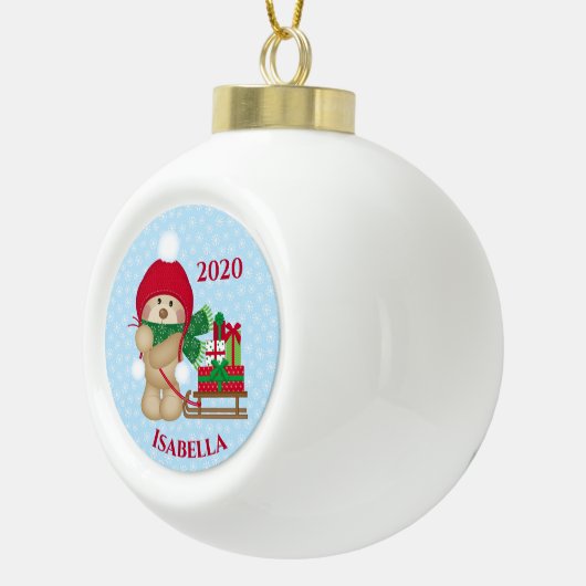 愛らしいテディベアとクリスマスススそりについて セラミックボールオーナメント (右)