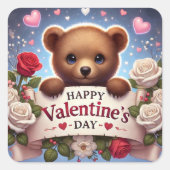 愛らしいテディベアとバラ スクエアシール (正面)