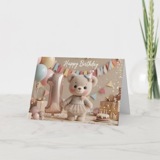 愛らしいテディベアの初誕生日お祝い カード (正面)