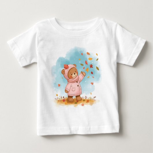 愛らしいテディベアの女の子が秋の葉をキャッチ ベビーTシャツ (正面)