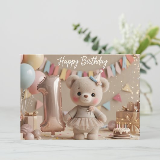 愛らしいテディベアの1歳の誕生日招待状 招待状 (スタンド正面)