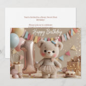 愛らしいテディベアの1歳の誕生日招待状 招待状 (正面/裏面)