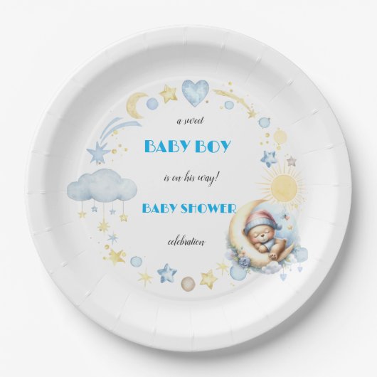 愛らしいテディベアオンザムーン男の赤ちゃんシャワー ペーパープレート (正面)
