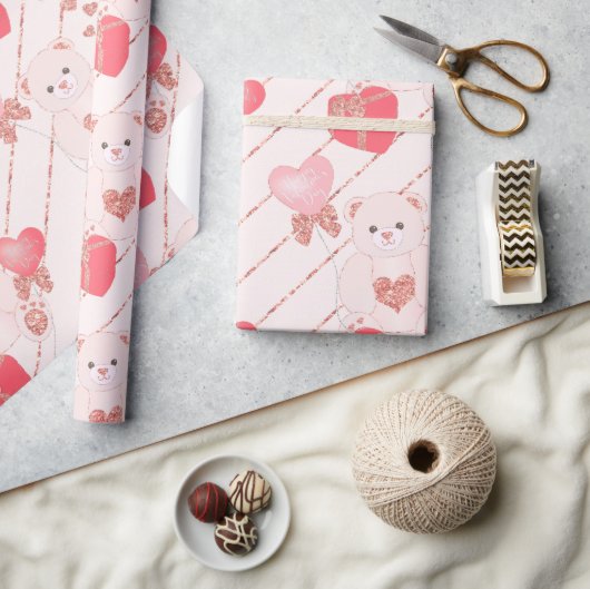 愛らしいテディベアグリッターピンクハートバレンタイン ラッピングペーパー (クラフト)