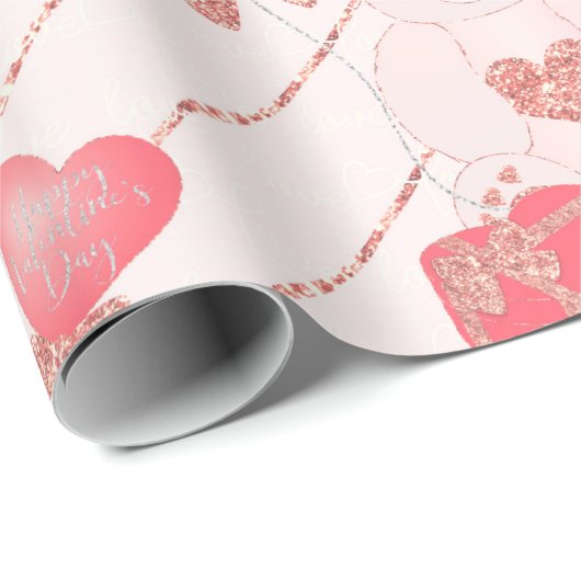 愛らしいテディベアグリッターピンクハートバレンタイン ラッピングペーパー (ロールコーナー)