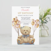 愛らしいテディベアバルーンストライプ 誕生日 招待状 (スタンド正面)