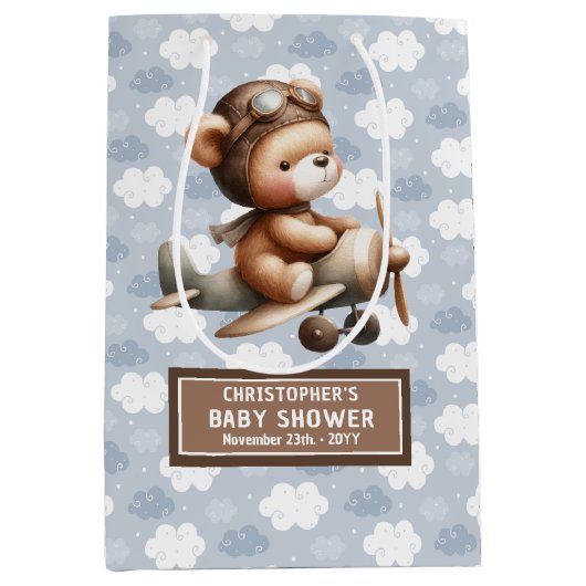 愛らしいテディベアパイロットボーイシャワー抱き枕 ミディアムペーパーバッグ (正面)