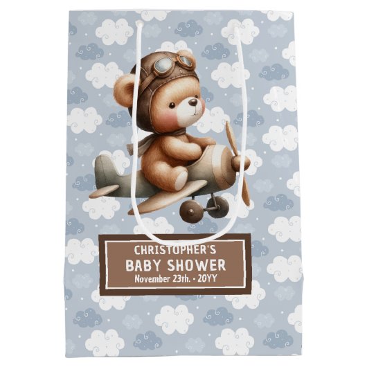 愛らしいテディベアパイロットボーイシャワー抱き枕 ミディアムペーパーバッグ (裏面)