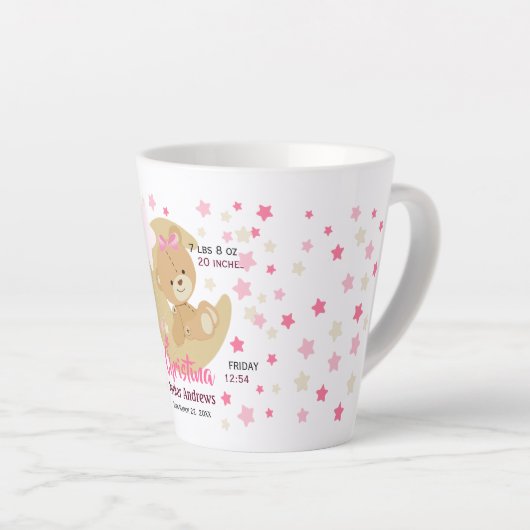 愛らしいテディベアベビーガール誕生統計 カフェラテマグ (右アングル)
