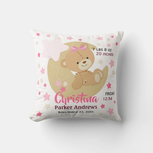 愛らしいテディベアベビーガール誕生統計 クッション (正面)