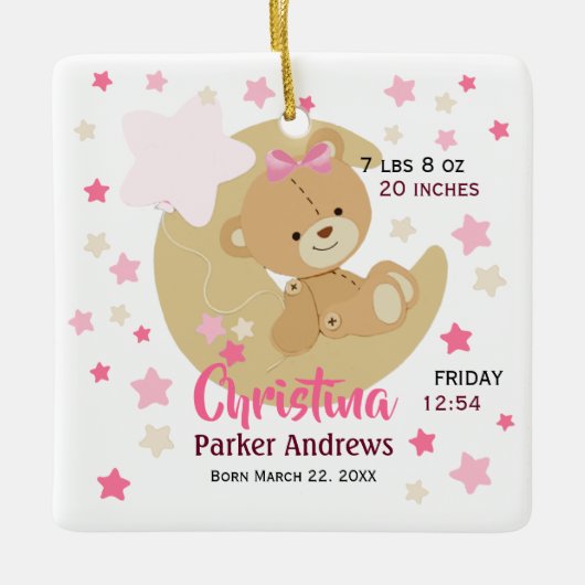 愛らしいテディベアベビーガール誕生統計 セラミックオーナメント (正面)