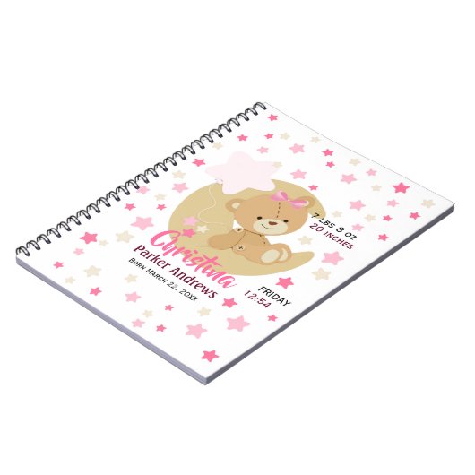 愛らしいテディベアベビーガール誕生統計 ノートブック (左側)
