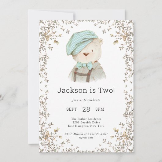 愛らしいテディベアボーイの二度目の誕生日パーティー 招待状 (正面)