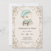 愛らしいテディベアボーイズファースト誕生日 招待状 (正面)