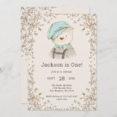 愛らしいテディベアボーイズファースト誕生日 招待状 (正面/裏面)