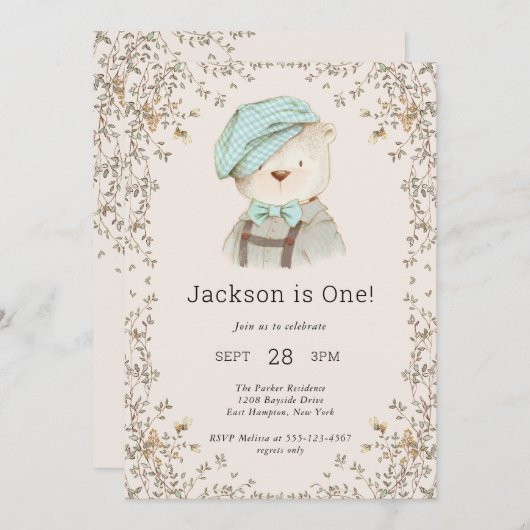愛らしいテディベアボーイズファースト誕生日 招待状 (正面/裏面)