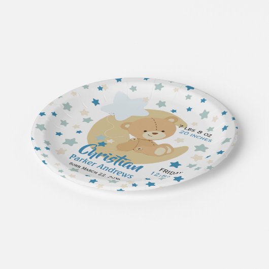 愛らしいテディベア男の赤ちゃん誕生統計ディナーPl ペーパープレート (アングル)
