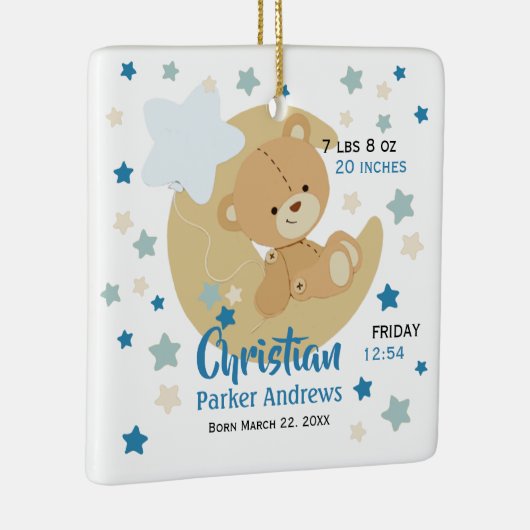 愛らしいテディベア男の赤ちゃん誕生統計 セラミックオーナメント (右)