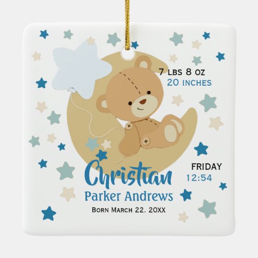 愛らしいテディベア男の赤ちゃん誕生統計 セラミックオーナメント (裏面)