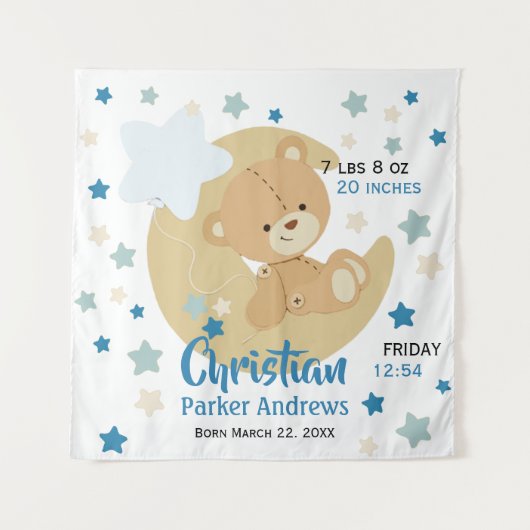 愛らしいテディベア男の赤ちゃん誕生統計 タペストリー (正面)