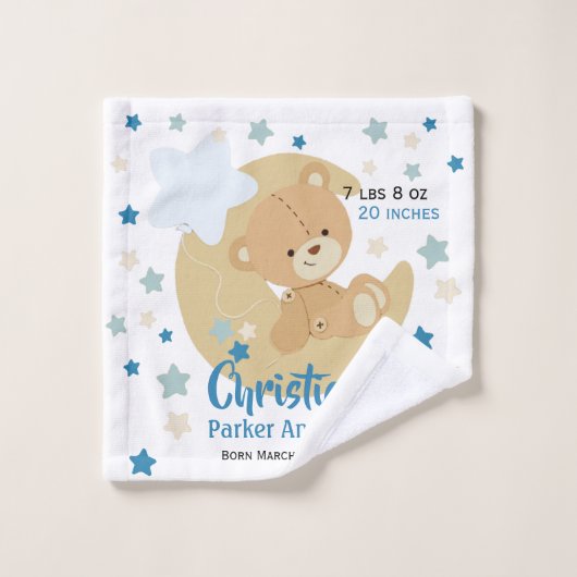 愛らしいテディベア男の赤ちゃん誕生統計 バスタオルセット (ウォッシュタオル)