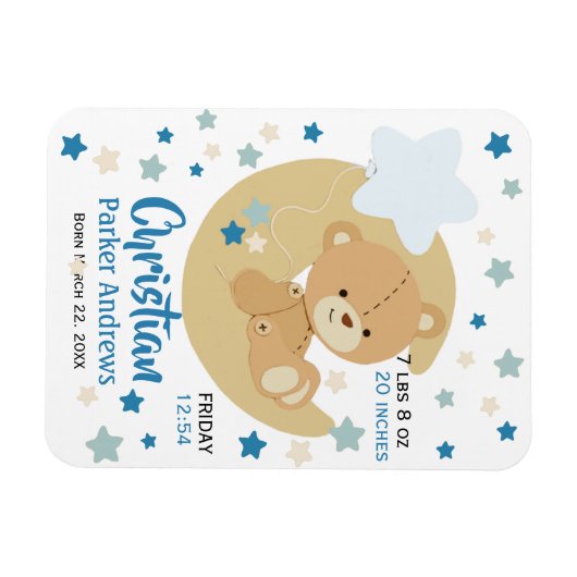 愛らしいテディベア男の赤ちゃん誕生統計 マグネット (横)