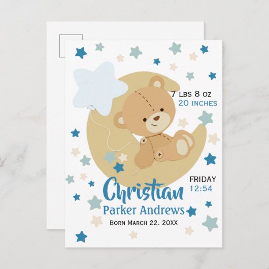 愛らしいテディベア男の赤ちゃん誕生統計 案内ポストカード (正面/裏面)
