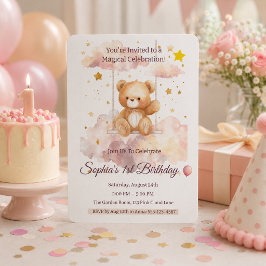 愛らしいテディベア1歳の誕生日 - カスタムデザイン 招待状