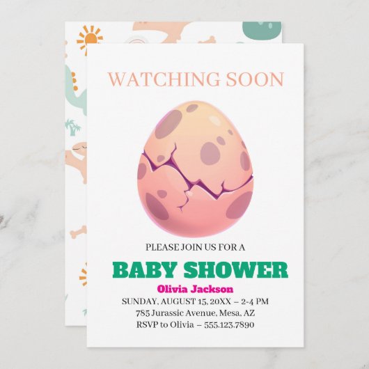 愛らしいディノエッグハッチベビーシャワー招待状 招待状 (正面/裏面)