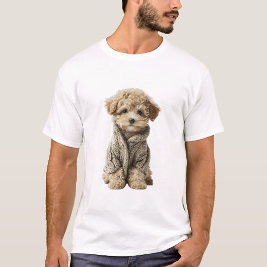 愛らしいトイプードルの仔犬が着るふわふわニットセーター Tシャツ (正面)