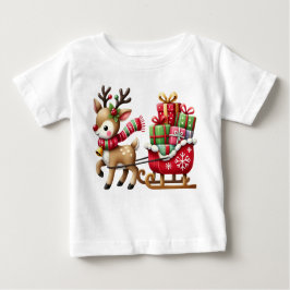 愛らしいトナカイとスリーのクリスマスデザイン ベビーTシャツ
