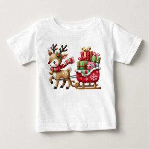 愛らしいトナカイとスリーのクリスマスデザイン ベビーTシャツ