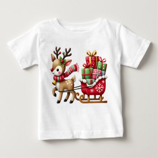 愛らしいトナカイとスリーのクリスマスデザイン ベビーTシャツ (正面)