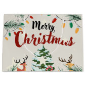 愛らしいトナカイのメリークリスマス自然ツリー ラージペーパーバッグ (正面)