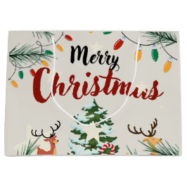 愛らしいトナカイのメリークリスマス自然ツリー ラージペーパーバッグ