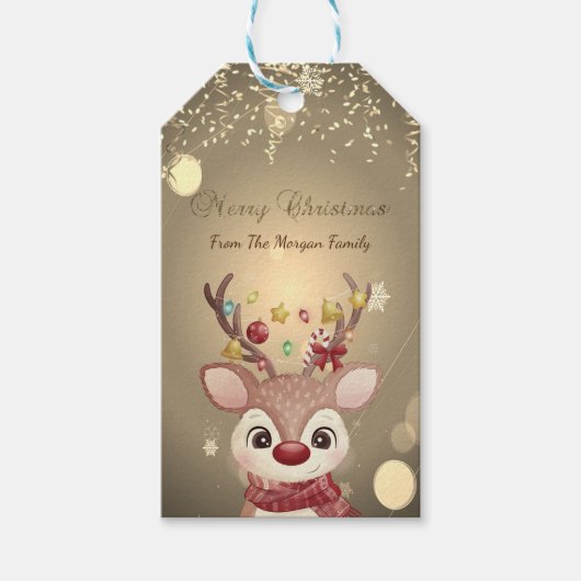 愛らしいトナカイ、ブランチ星紙吹雪 ギフトタグ (正面)