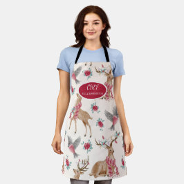 愛らしいトナカイ，鳥，花 エプロン