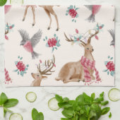 愛らしいトナカイ,鳥,花 キッチンタオル (折り畳み)