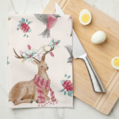 愛らしいトナカイ,鳥,花 キッチンタオル (四つ折り)