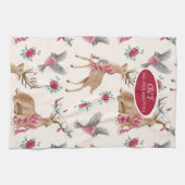 愛らしいトナカイ,鳥,花 キッチンタオル (横)