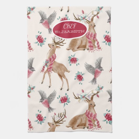 愛らしいトナカイ,鳥,花 キッチンタオル (縦)