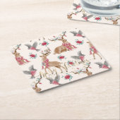 愛らしいトナカイ，鳥，花 スクエアペーパーコースター (アングル)