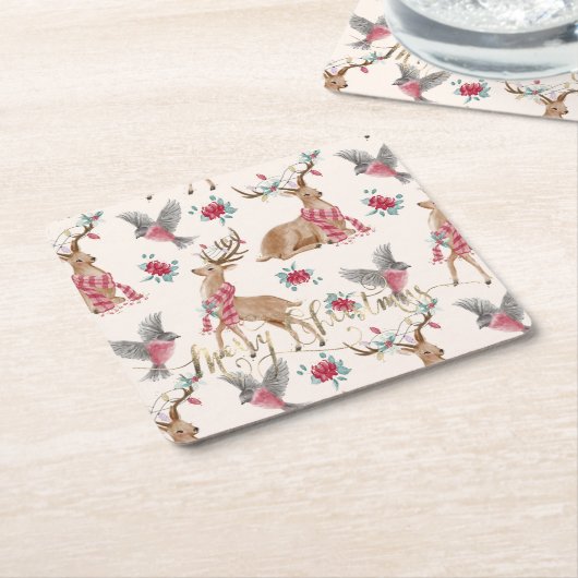 愛らしいトナカイ，鳥，花 スクエアペーパーコースター (アングル)